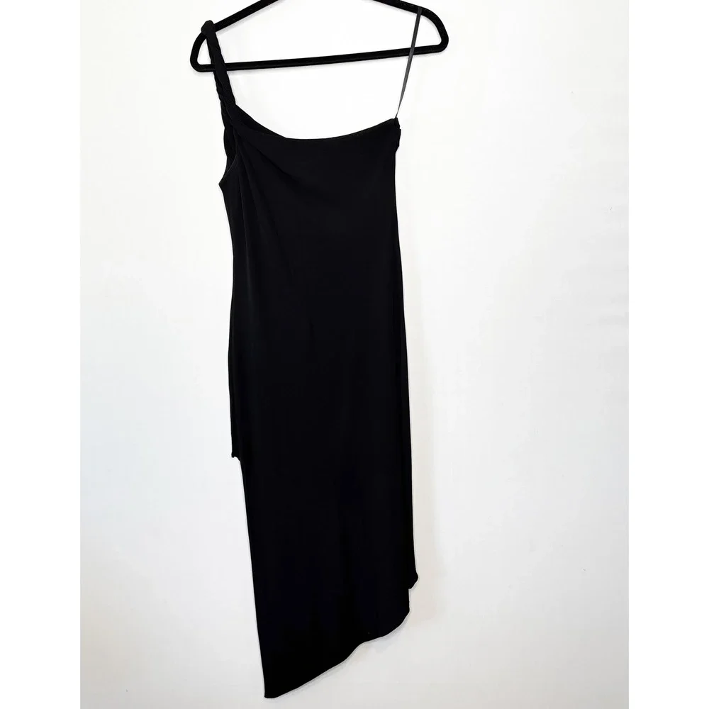 90s Cache Rolled One Shoulder Asymmetrical Hem Draped Midi Dress Black Size M - Picture 7 of 10